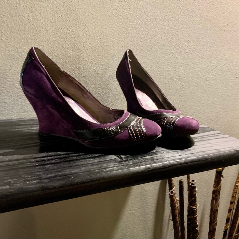 Purple suede wedge heels